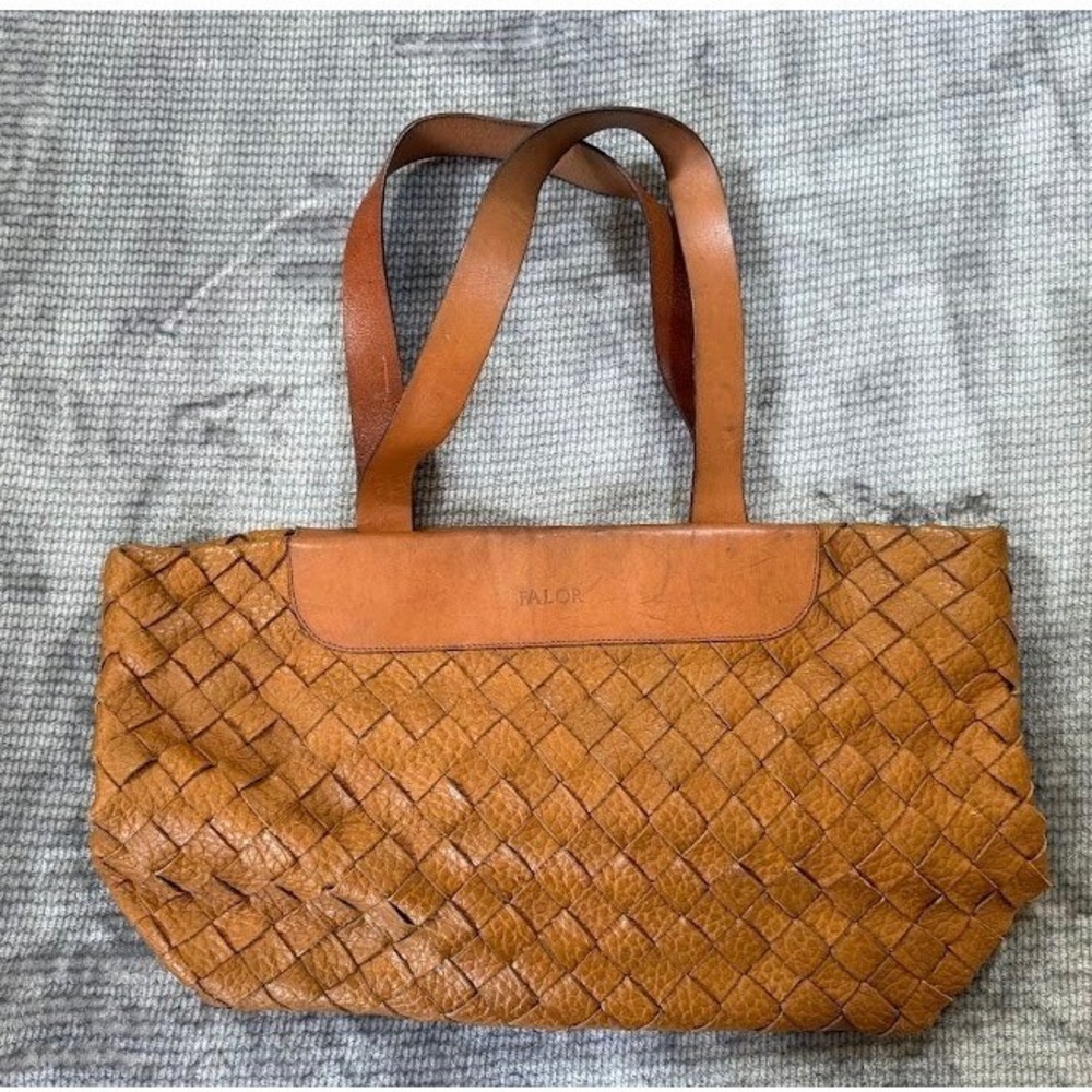 FALOR Woven Leather Tote Bag Cognac Tan Made in Italy Intrecciato Shoulder Bag